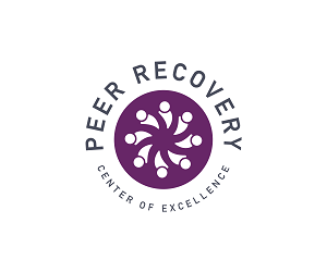 Peer Recovery Center of Excellence written in black around purple circle with white circles inside